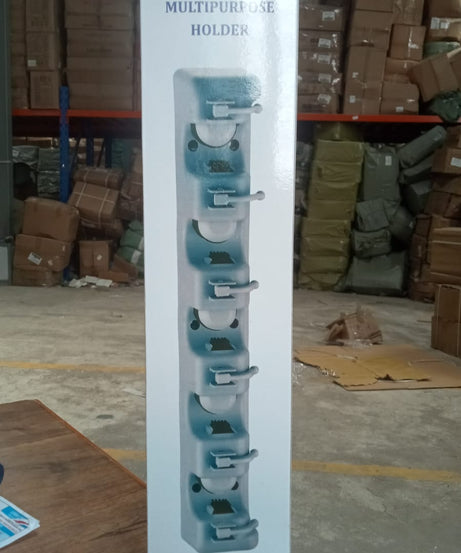 5-layer wall-mounted organizer for cleaning tools.