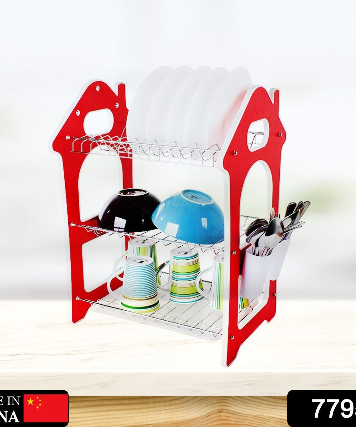 Stainless steel dish drainer with three tiers