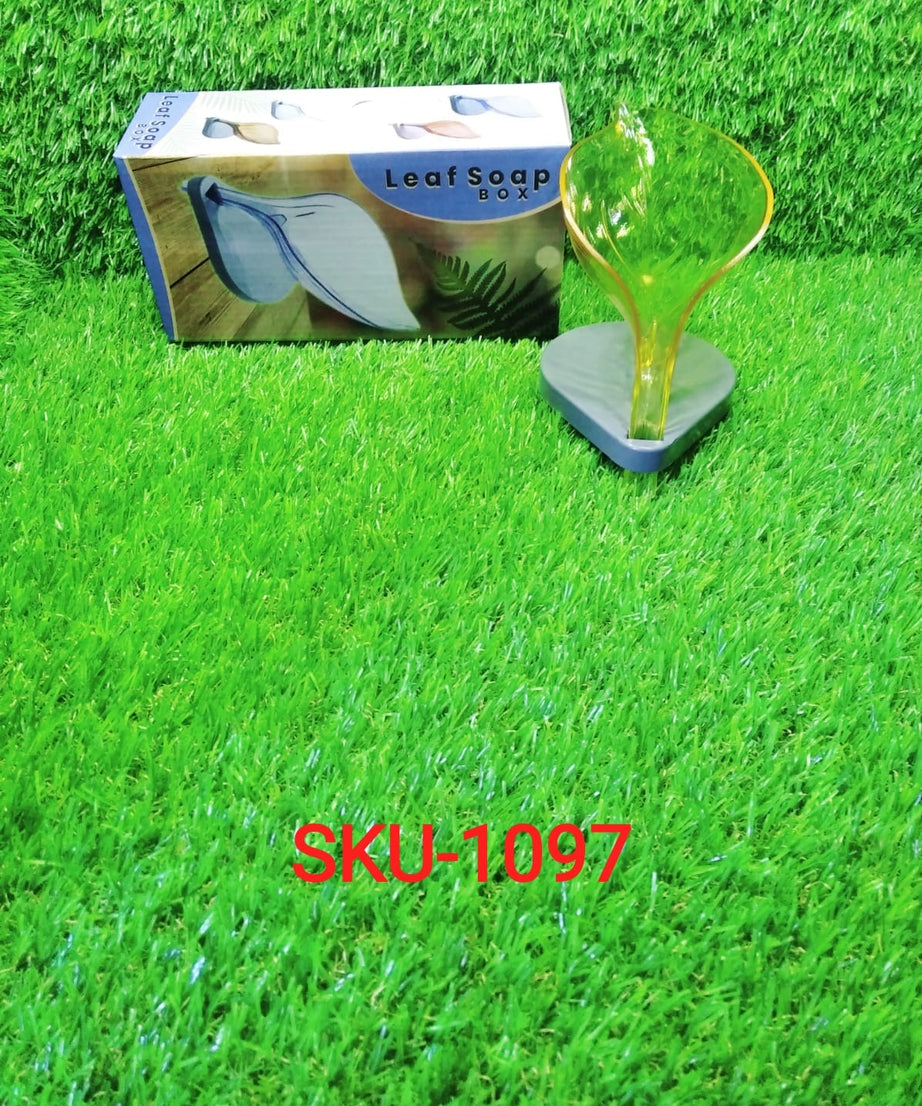 Leaf-shaped self-draining soap holder for bathrooms.