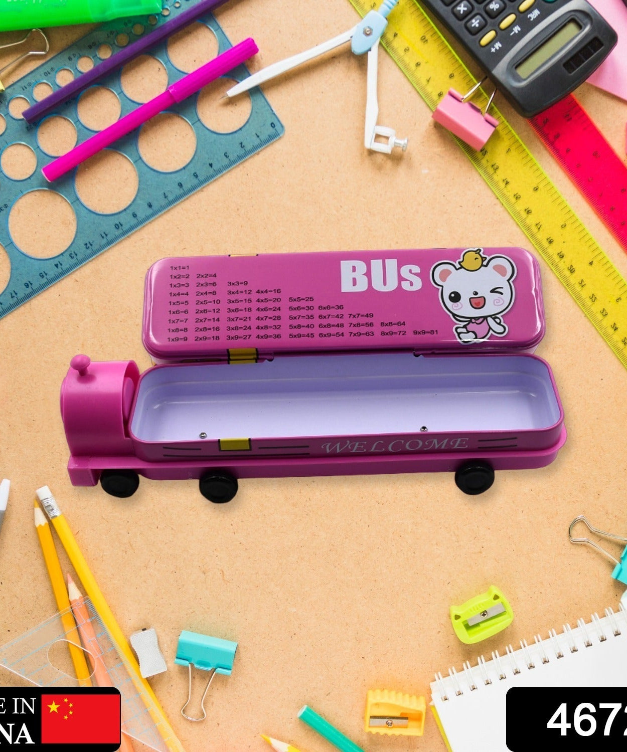 Metal bus compass pencil case with movable wheels.