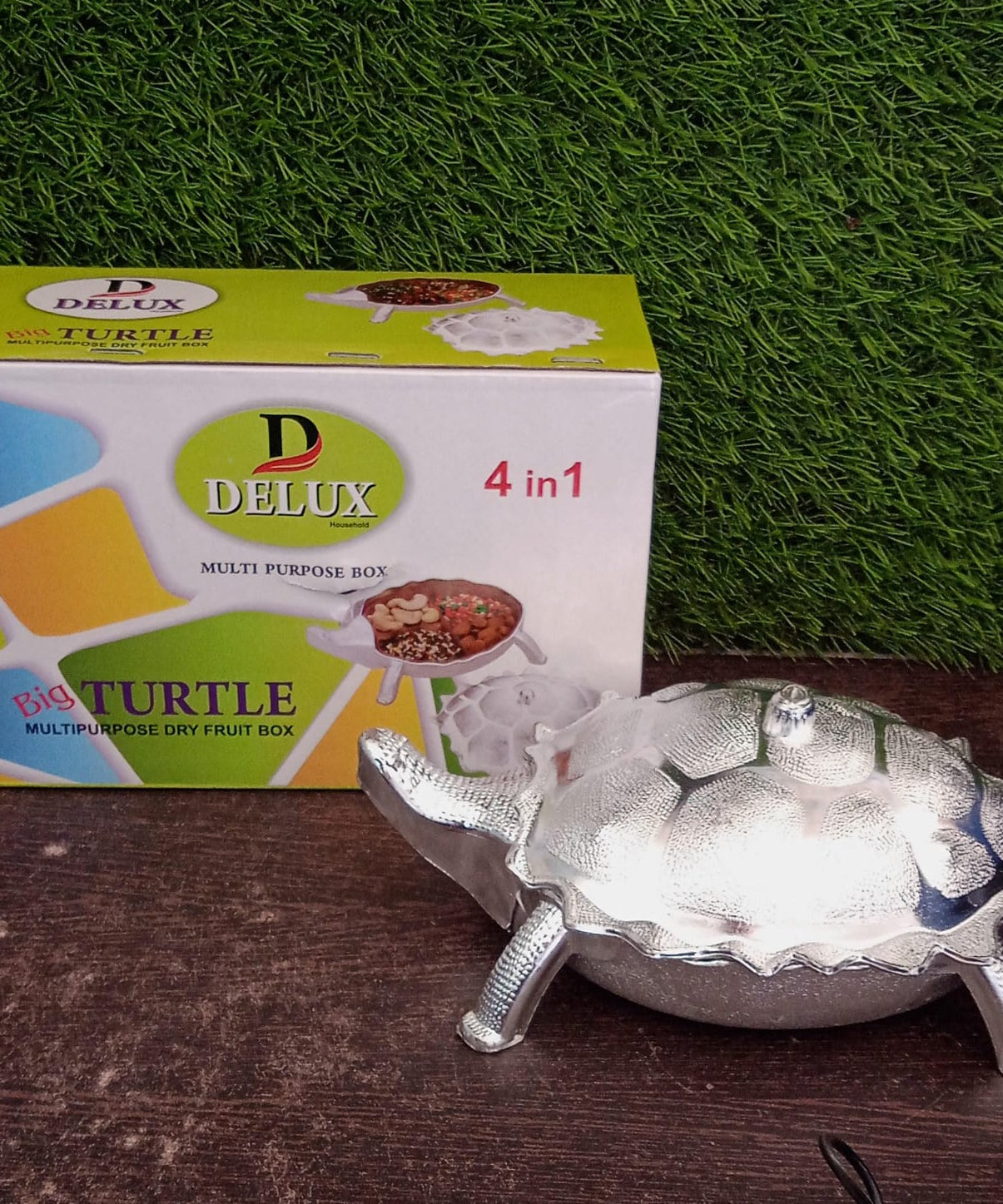 Tortoise-shaped multipurpose box for gifting or storing dry fruits.