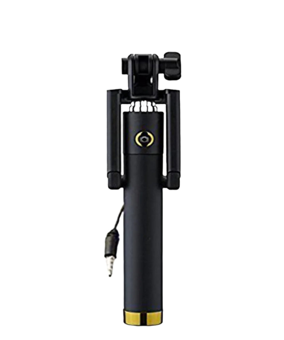 Compact selfie stick for smartphones with aux wire.