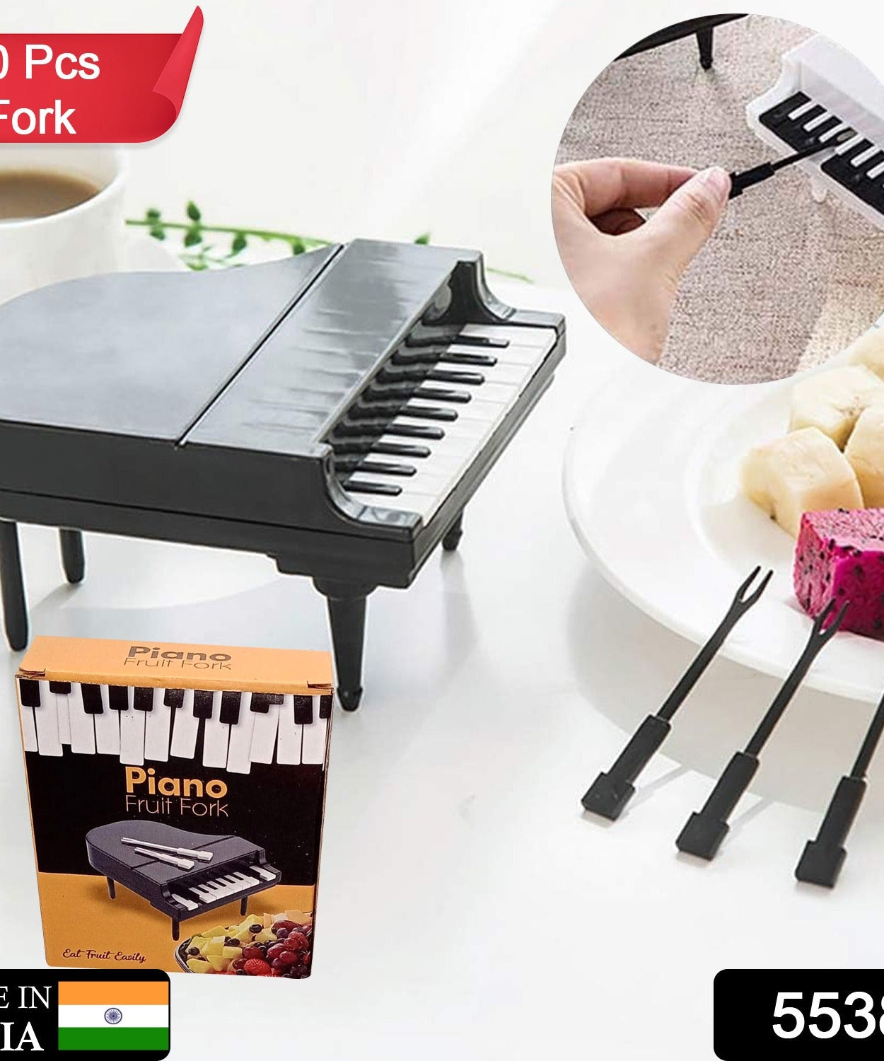 Colorful fruit forks set with piano design.