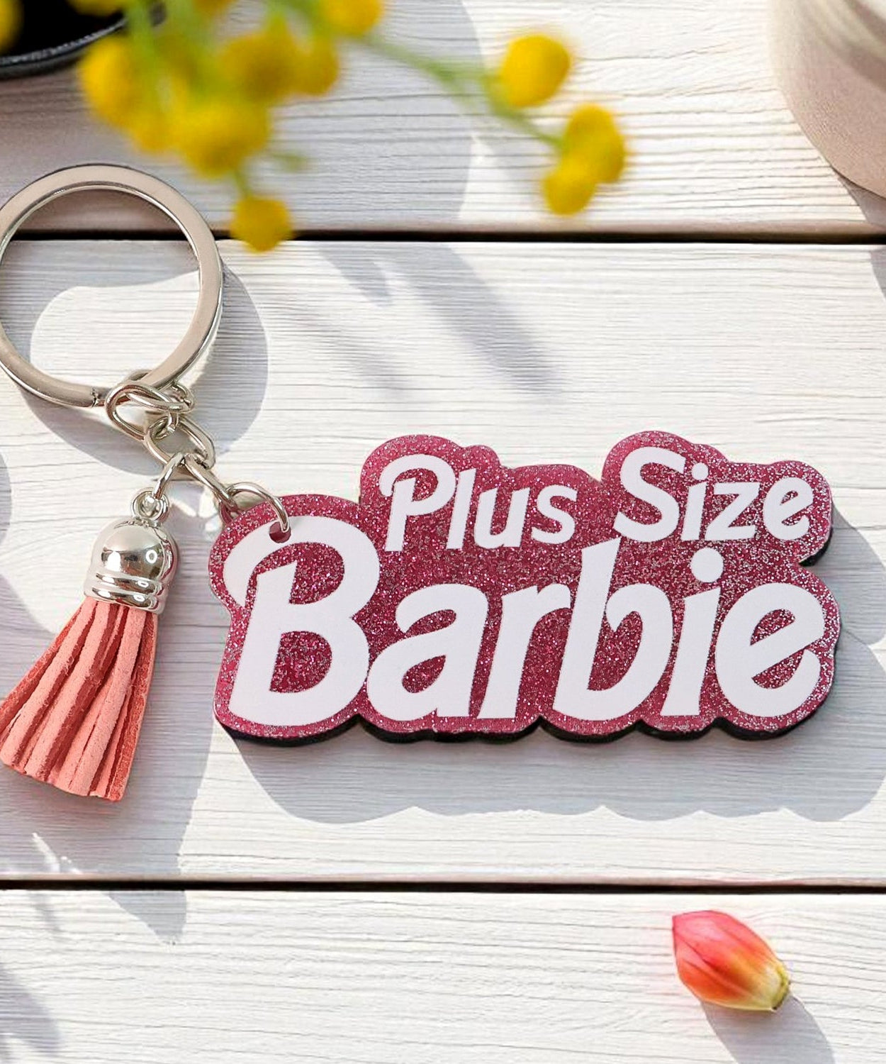 Text Keychain with Glitter Finish and Tassel Charm (1 Pc)