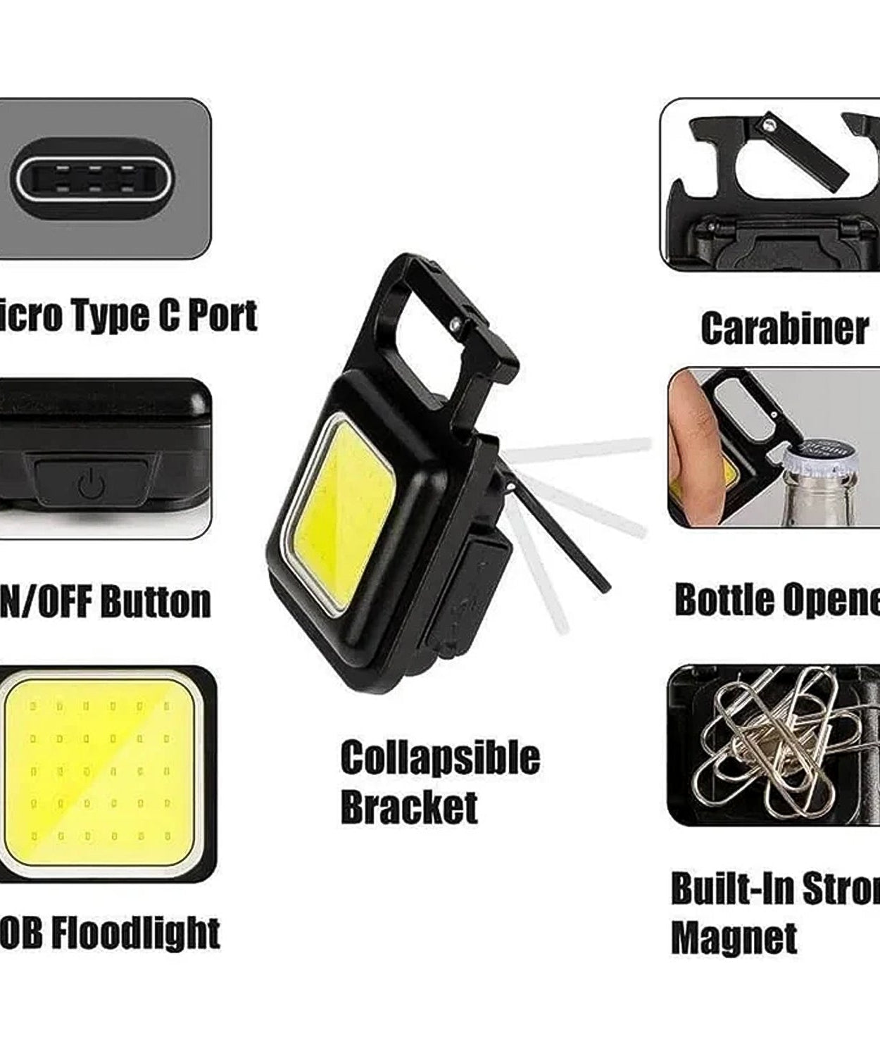 Mini Rechargeable Keychain Flashlight - 4 Light Modes with Folding Bracket & Magnetic Base