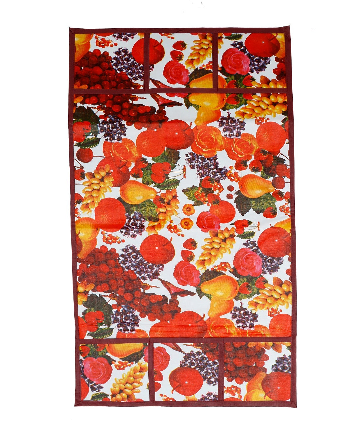 PVC cover for refrigerator top with a maroon and white fruit pattern.