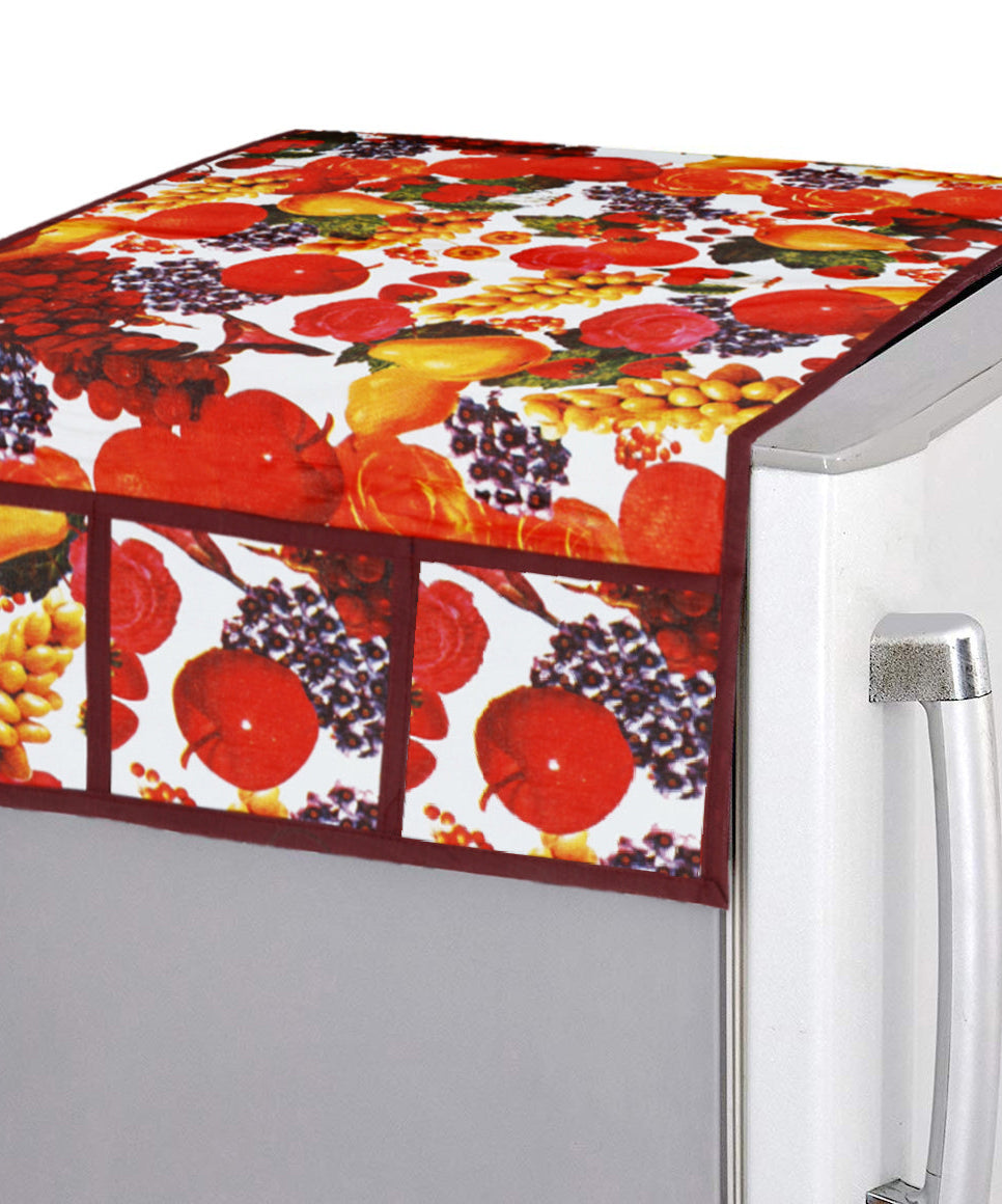 Decorative PVC fridge top cover with a fruit design in white and maroon.