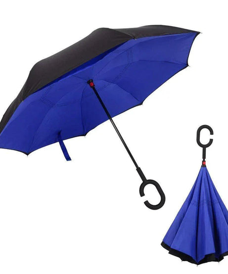 Plain design reverse umbrella with a windproof structure and C-shaped handle.