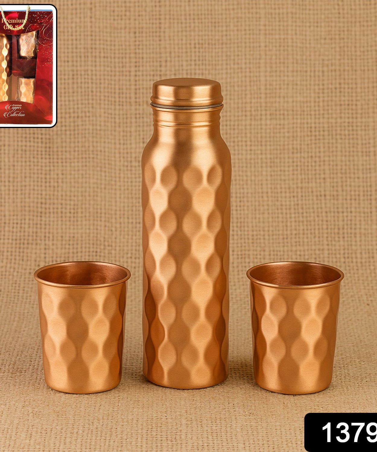 Diamond Cut Copper Water Bottle 2 Glasses with Gift Box (3 Pcs Set)