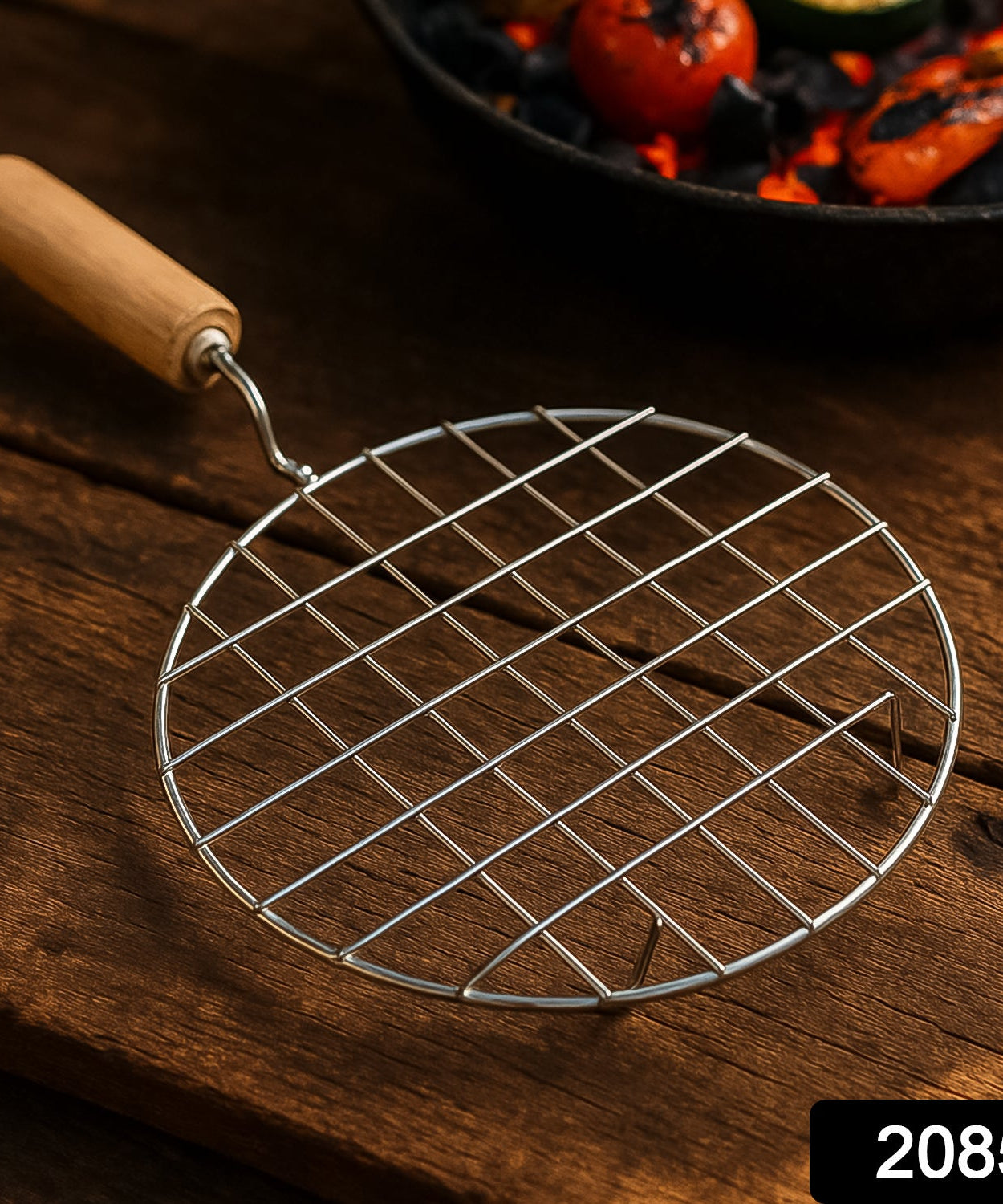 Kitchen Round Stainless Steel Roaster Papad Jali, Barbecue Grill with Wooden Handle