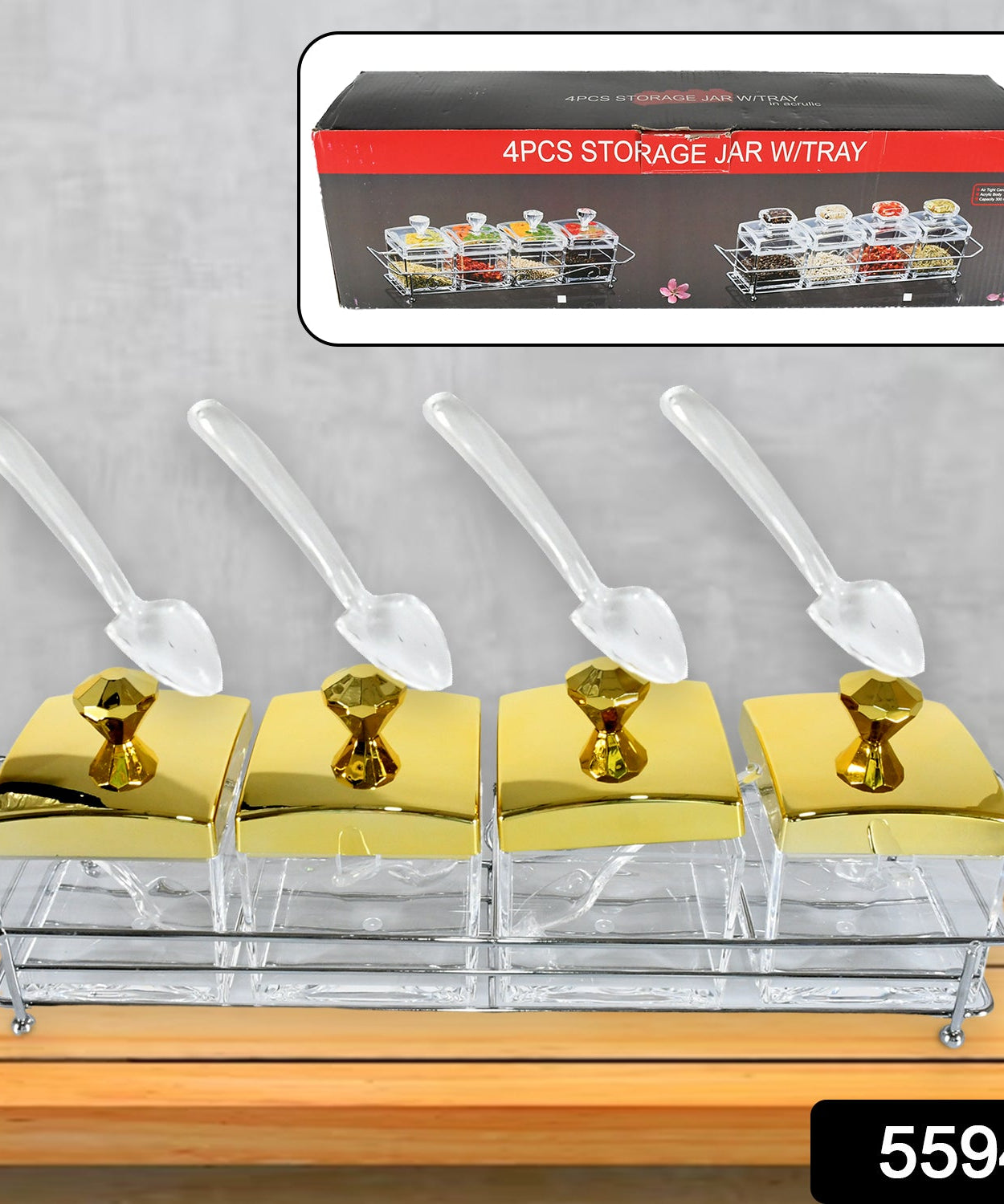 Storage Jar Set One Set with 4 Jars with Lids, Tray & 4 Spoon for Coffee, Tea, Sugar for Storage jar With Tray for Home Kitchen