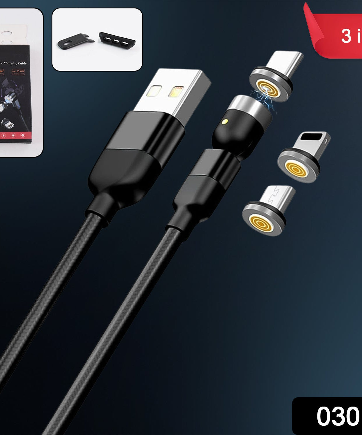 3 in 1 Magnetic USB Charging Cable | USB-c Android and Lightning with Extra Protecting Nylon| Strong Magnetic Cable with Full Rotation Support Fast Charging