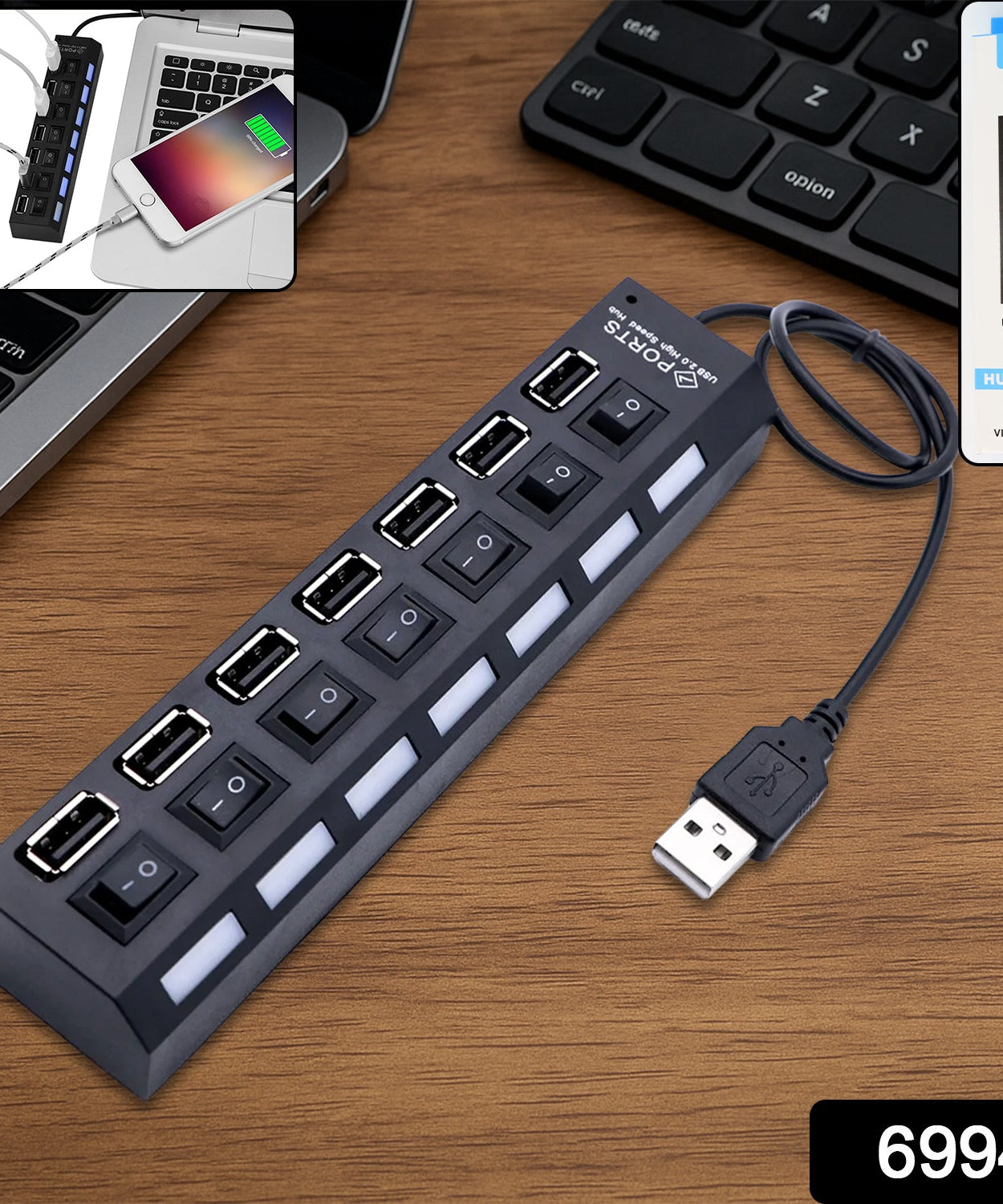 USB Splitter Multi Port USB 2.0 Hub, 7 Port with Independent On/Off Switch and LED Indicators USB A Port Data Hub, Suitable for PC Computer Keyboard Laptop Mobile HDD, Flash Drive  Etc