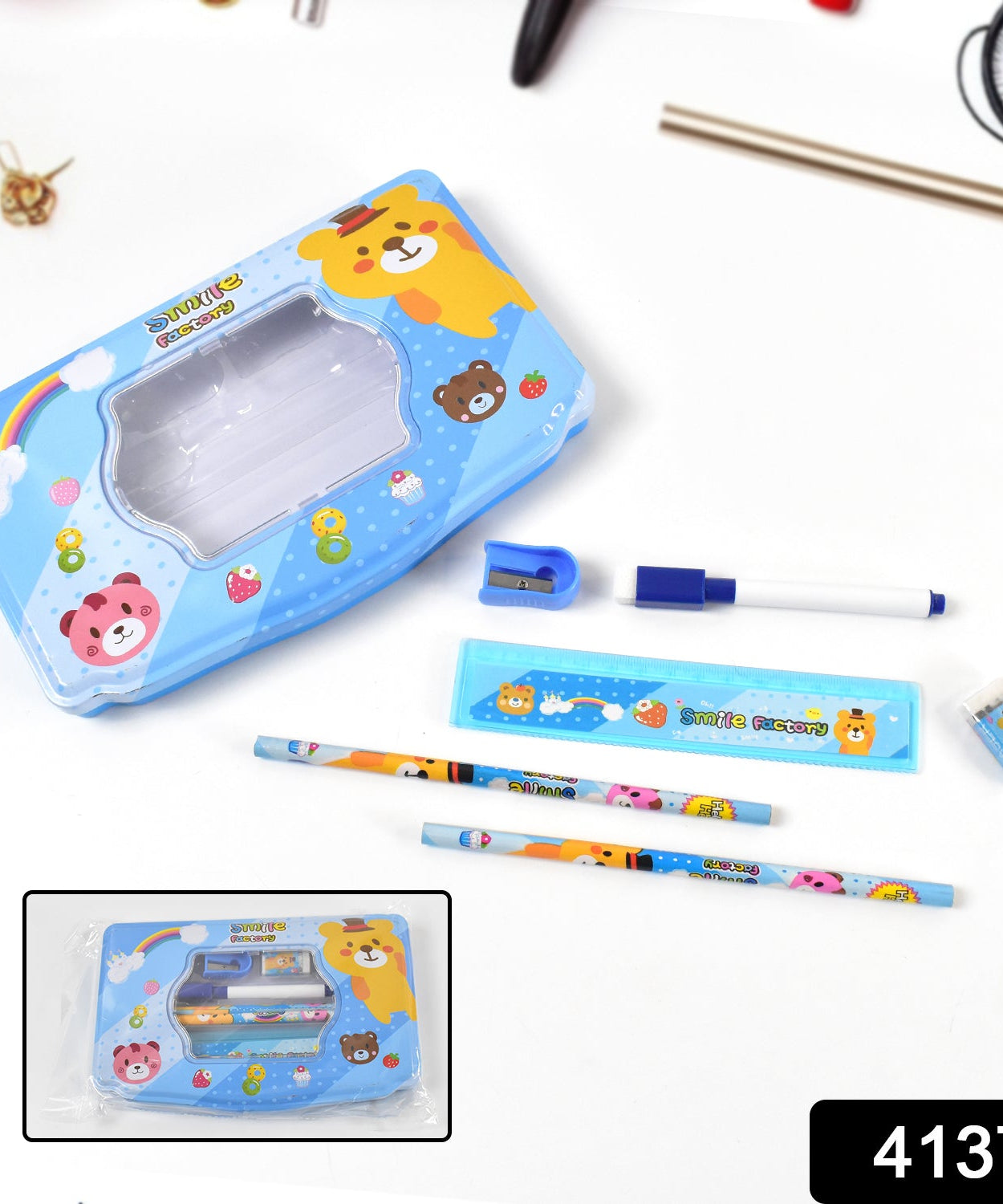 Cartoon Metal Compass Box for Kids with Stationery (6 Pc Set)