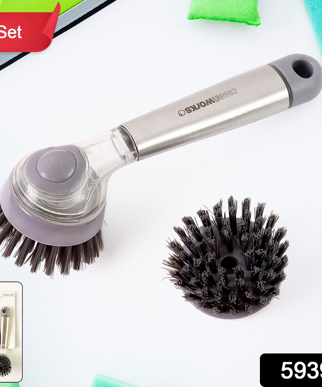 Cleaning Brushes Set, Scrub Brush Bathroom Brush, Long Handle Liquid Dispenser Pot Washing Brush