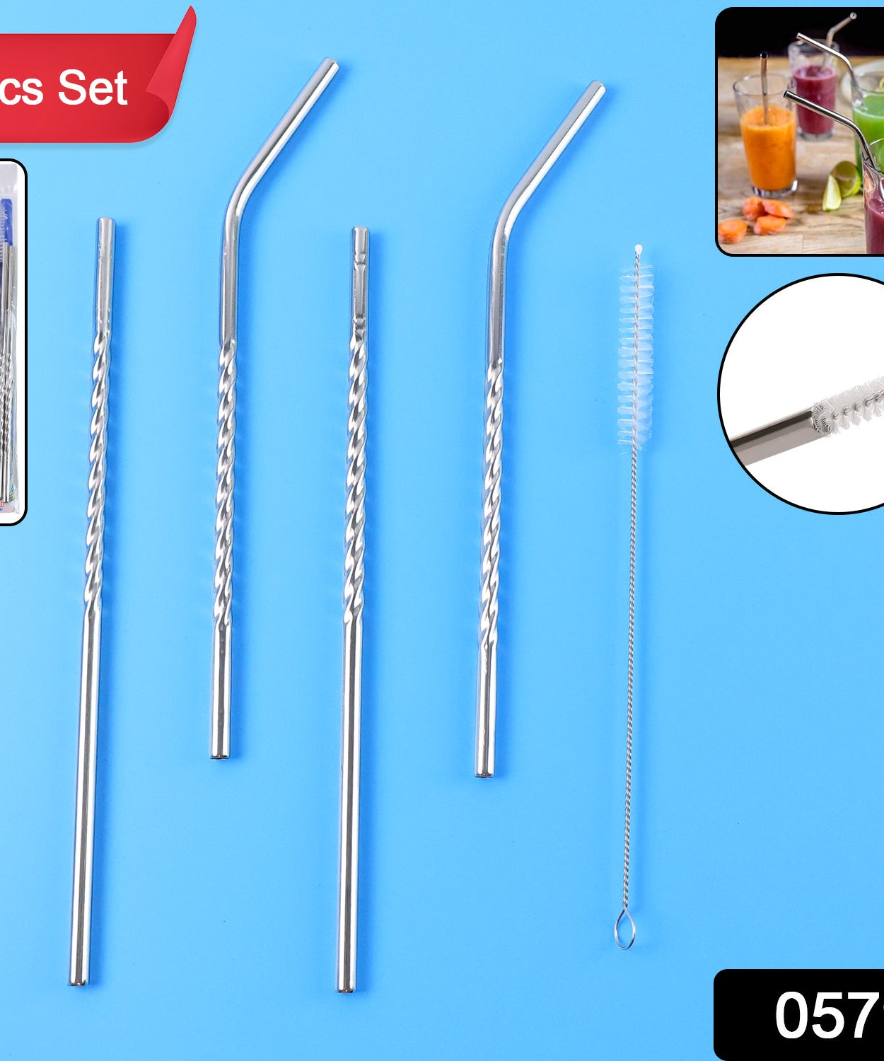 Set of 4 Stainless Steel Straws & Brush (2 Straight straws, 2 Bent straws, 1 Brush)