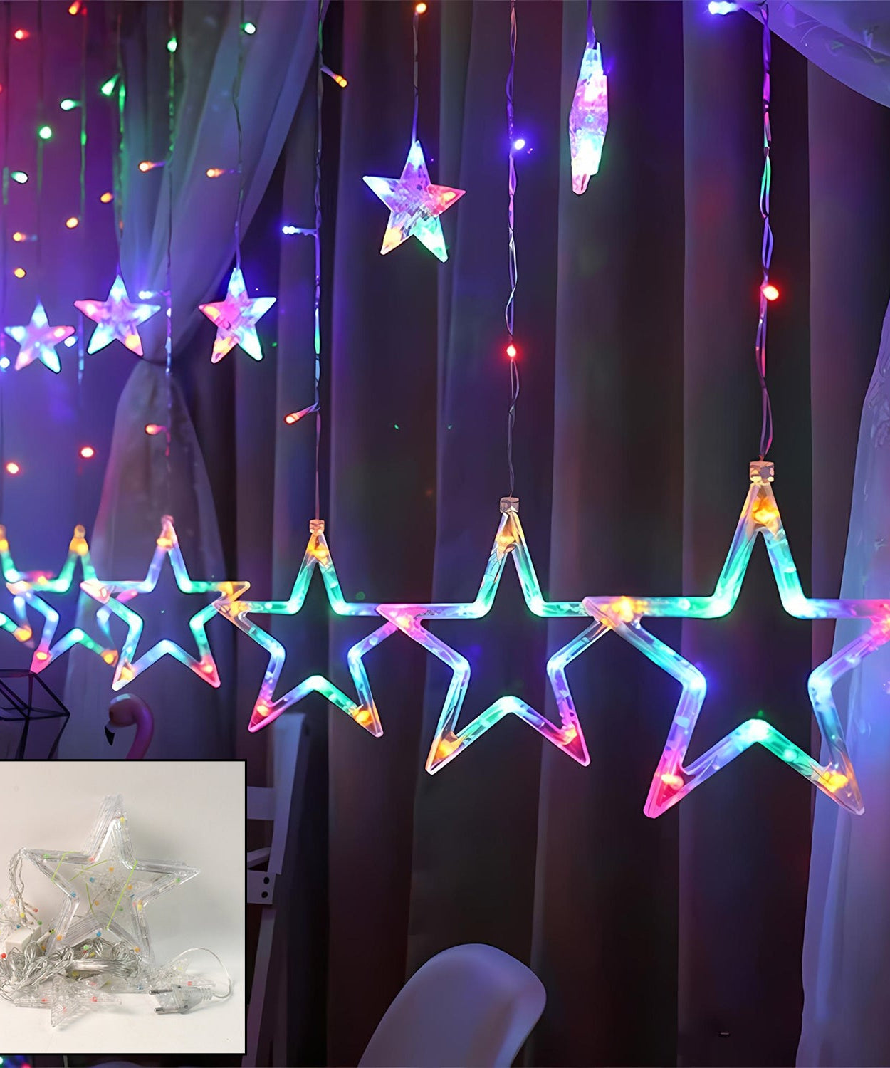 12 Stars LED Curtain String Lights with 8 Flashing Modes for Home Decoration, Diwali & Wedding LED Christmas Light Indoor and Outdoor Light ,Festival Decoration (Multicolor / With Box)