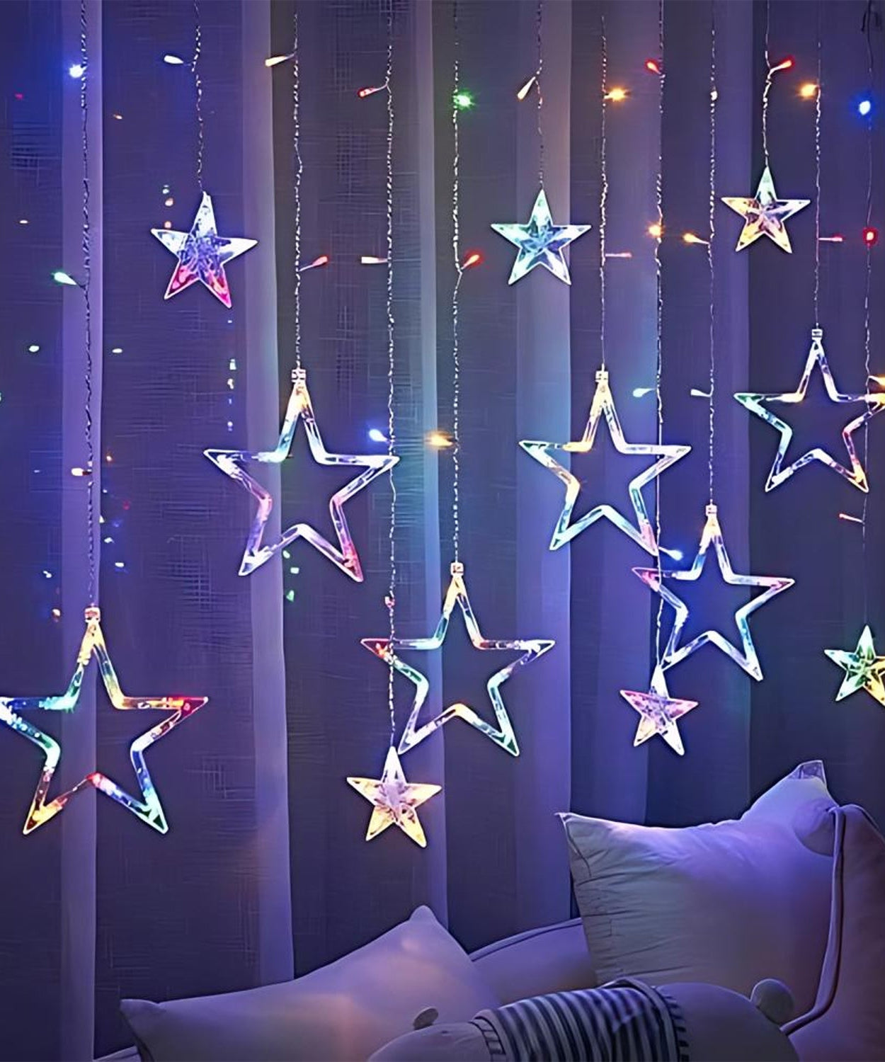 12 Stars LED Curtain String Lights with 8 Flashing Modes for Home Decoration, Diwali & Wedding LED Christmas Light Indoor and Outdoor Light ,Festival Decoration (Multicolor / With Box)
