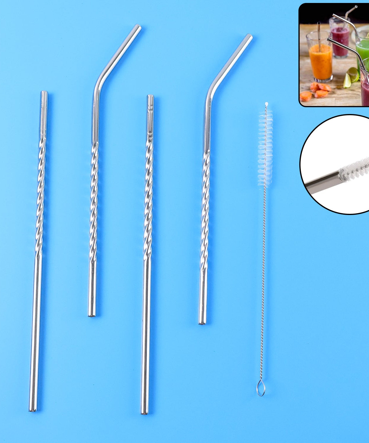 Set of 4 Stainless Steel Straws & Brush (2 Straight straws, 2 Bent straws, 1 Brush)