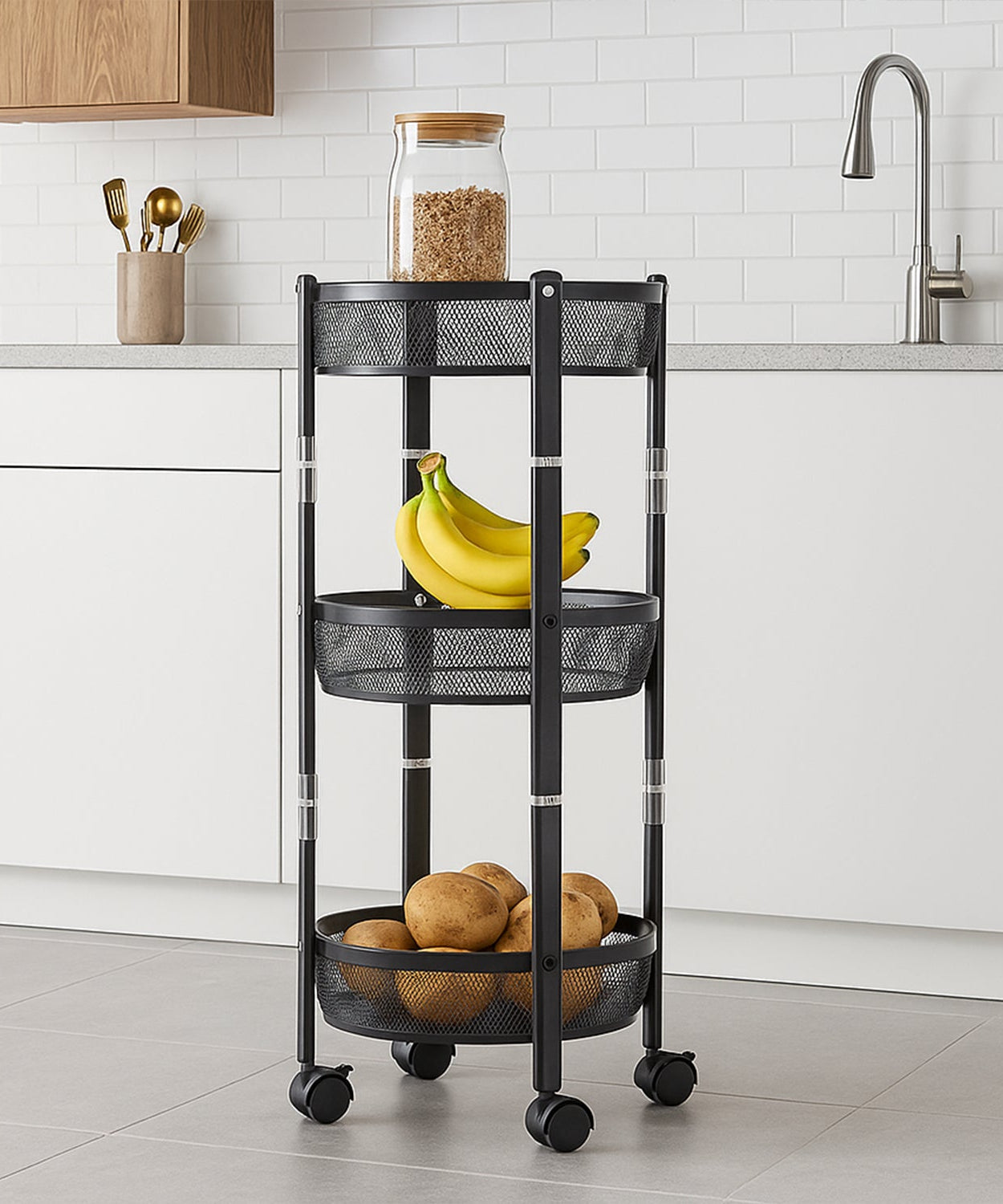 3-Layer Round Metal Mesh Utility Storage Trolley with Wheels