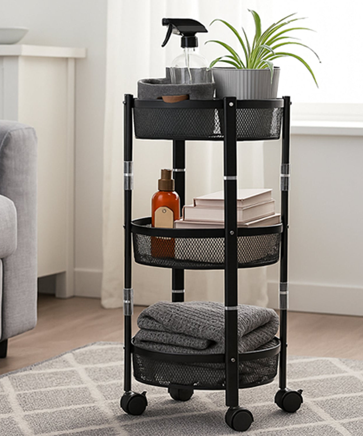 Space-Saving 3-Tier Round Trolley